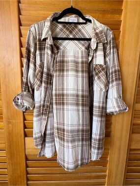 Lightweight Plaid Button-Down Shirt Jacket - Cream & Brown